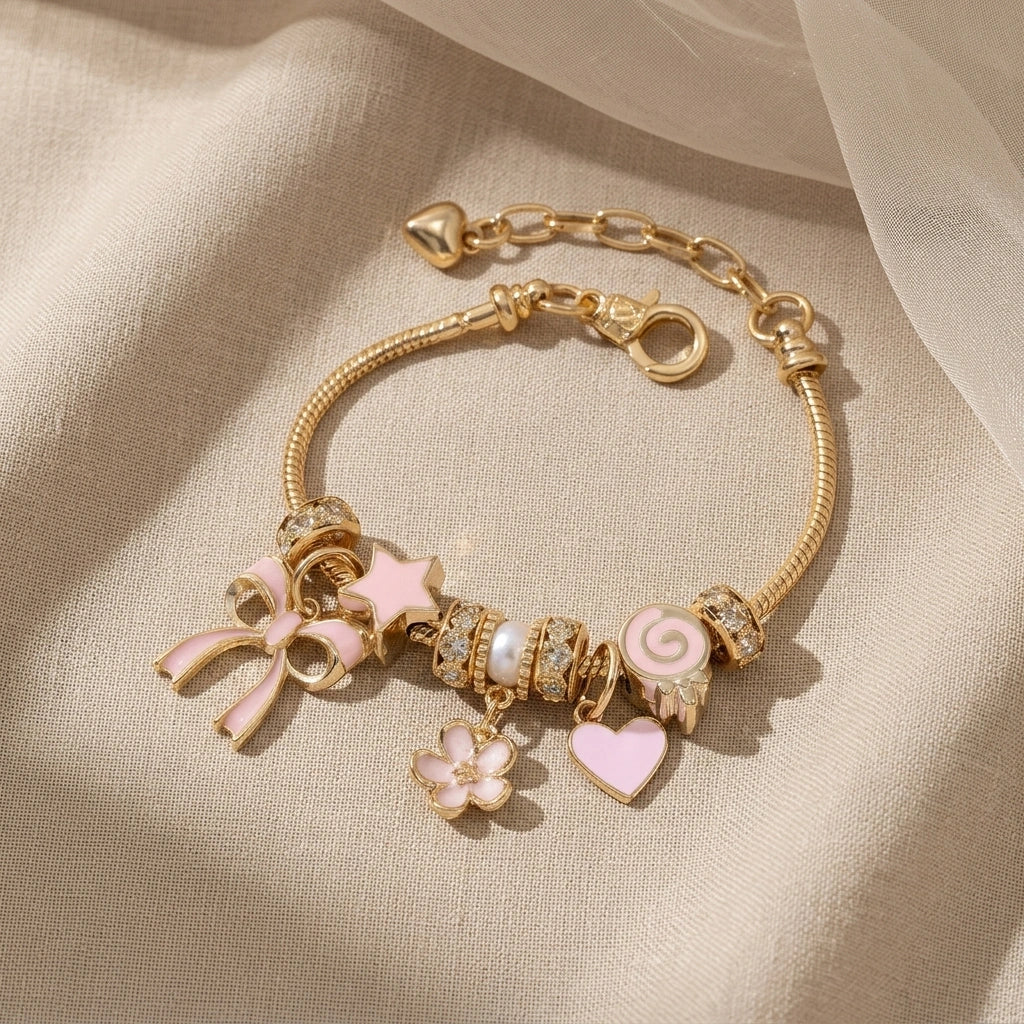 Bracelet Beaded Pink Bow Love Pendant